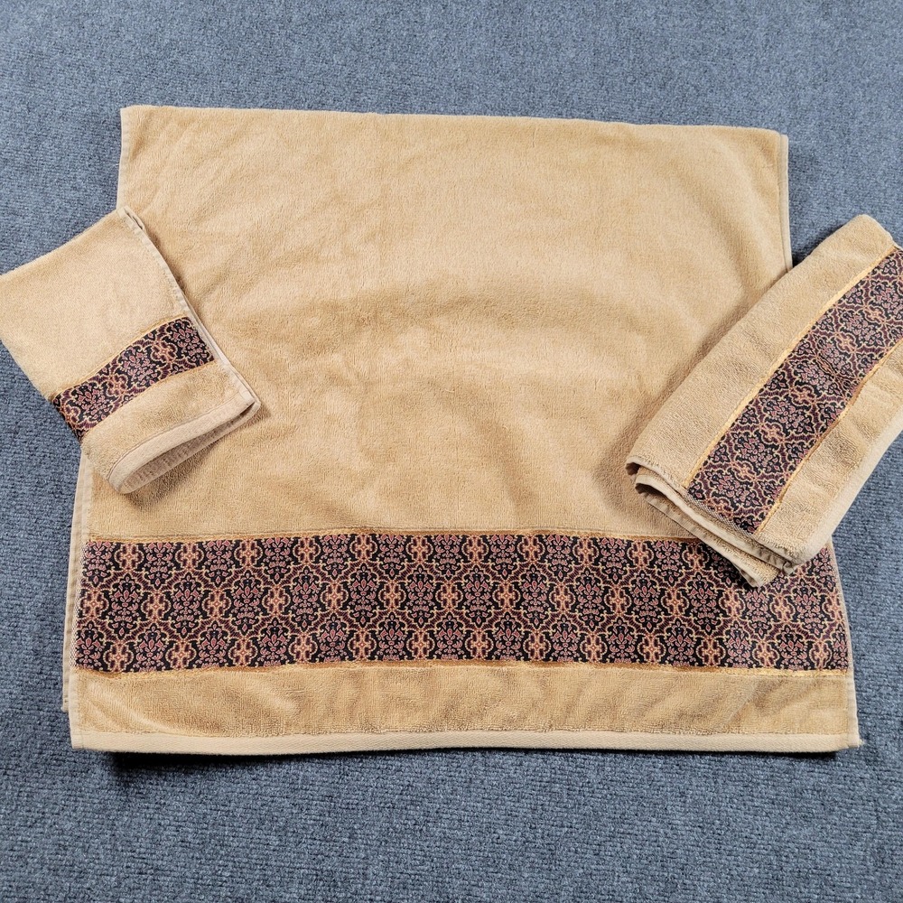 Vintage Waverly Bath Towel Set 3 Tan Gold Damask Border Bath Hand Wash Cotton